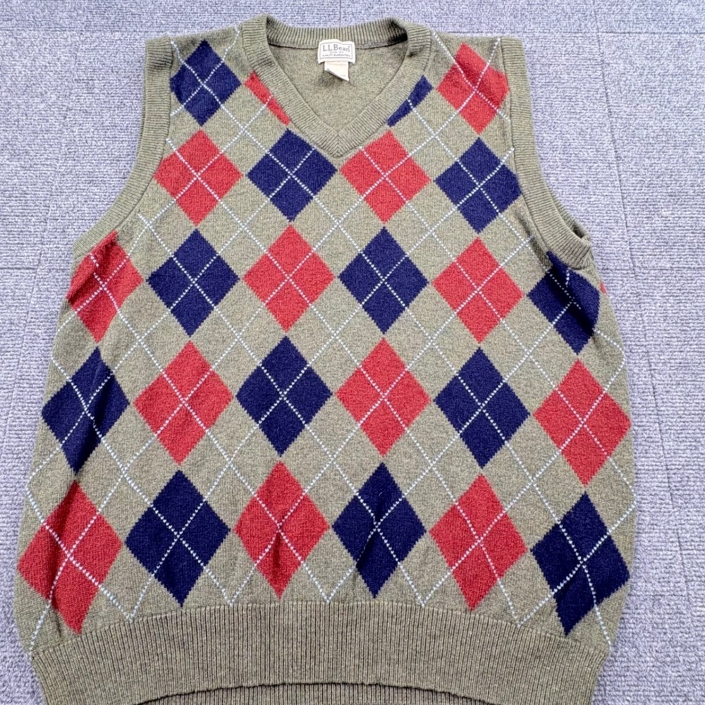 LL Bean Mens XL Argyle Sweater Vest 100% Lambswool Olive Green Red Blue